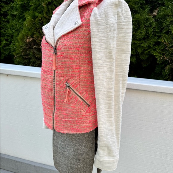 Anthropologie Elevenses neon orange ivory sleeves Tweed Knit Jacket SZ 2 - Picture 3 of 8